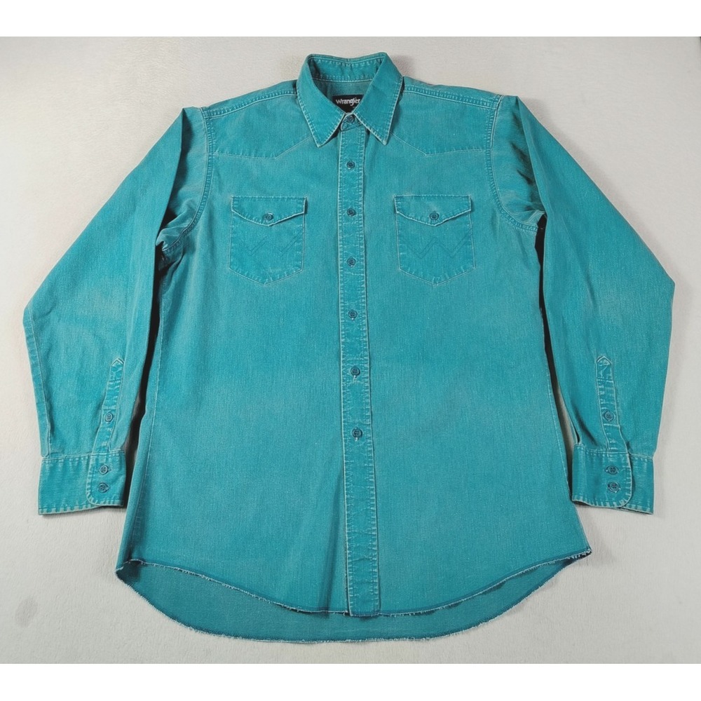 Vintage Wrangler Brushpopper Shirt Mens Blue Denim Western Button Up Cowboy 90s